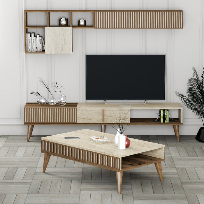 Hanah Home Milan Conjunto de Muebles de Salón Nogal y Travertino Hanah Home Milan Conjunto de Muebles de Salón Nogal y Travertino
